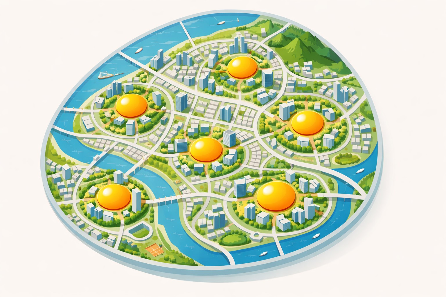 多中心城市示意：一座城市可以有很多個『蛋黃』