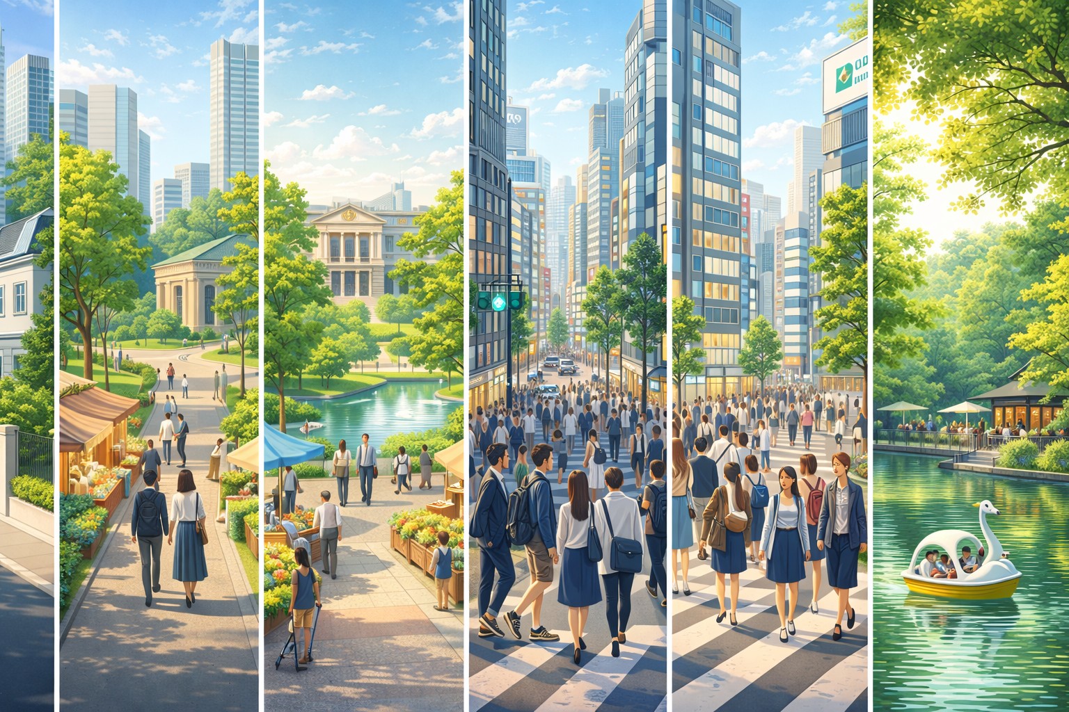 東京不同街區的節奏：繁華、文化、綠意與生活感（示意圖）