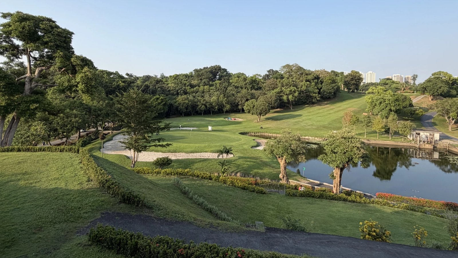 高雄果嶺自然公園：草坡、水塘與城市天際線（作者拍攝）