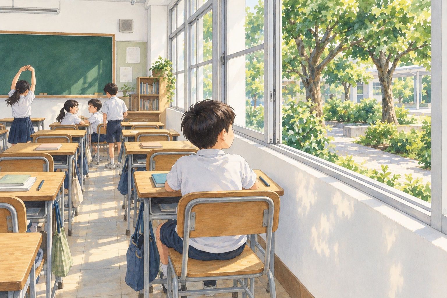 課間休息時，孩子坐在朝向黑板的課桌旁，望向側窗外的庭院綠意；AI 生成情境示意插畫