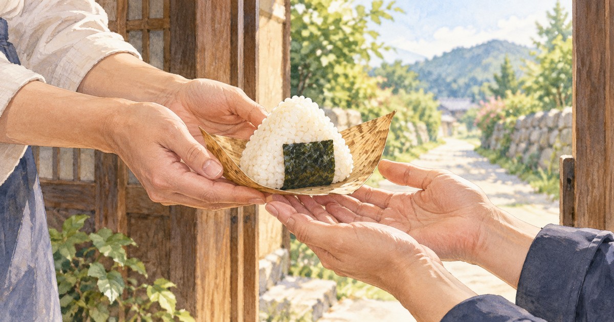 Illustration of a rice ball on bamboo sheath being passed between two people’s hands, with a sunlit path beyond a Japanese doorway