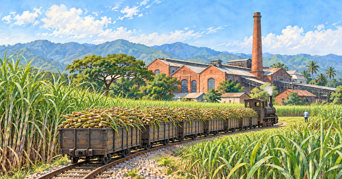 Editorial illustration of cane fields, a locomotive hauling loaded cane wagons, and a sugar mill