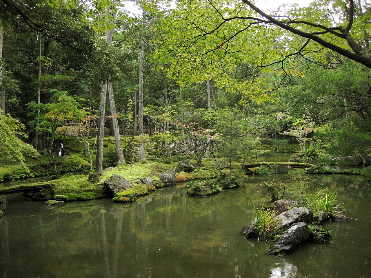 西芳寺庭園中的苔地、樹木、池水與石組