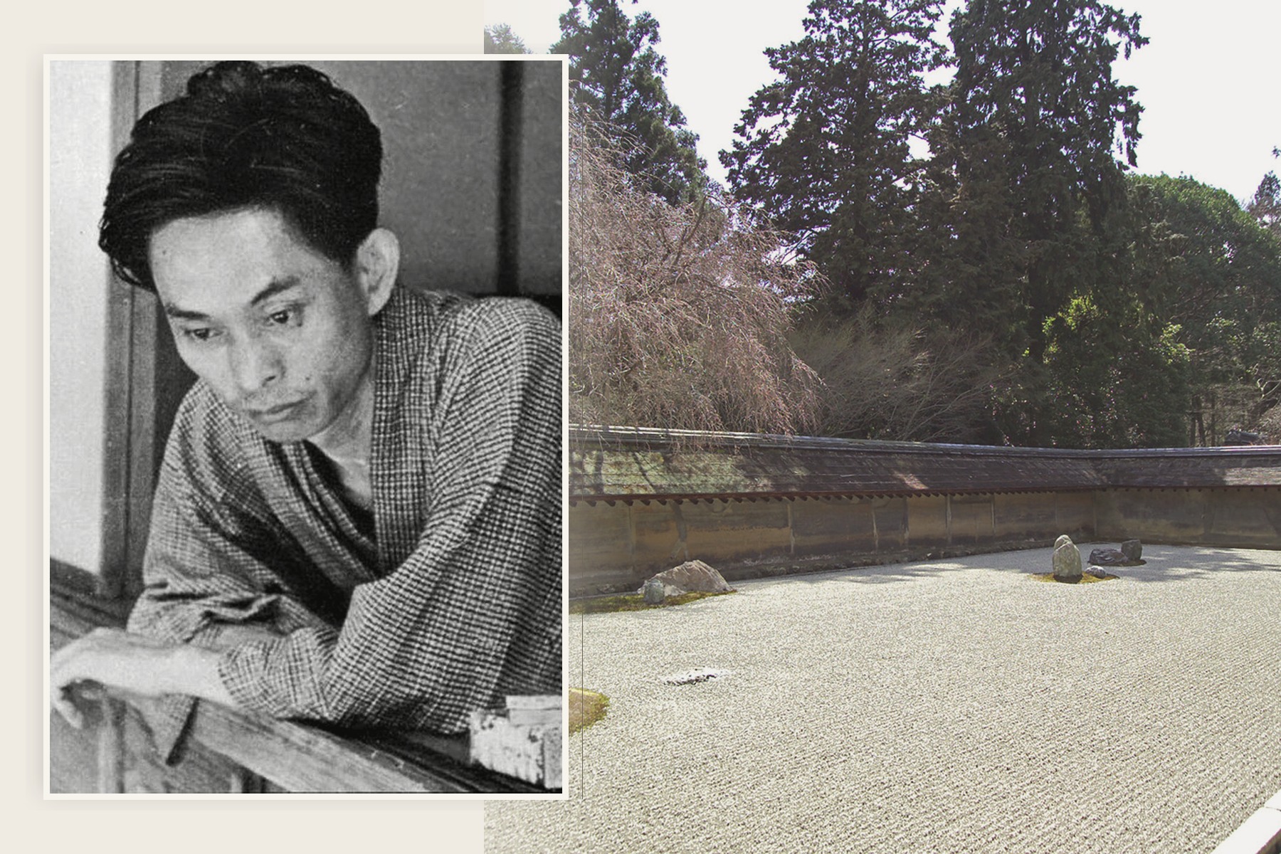 A 1938 portrait of Yasunari Kawabata beside the dry landscape garden at Ryōan-ji in Kyoto