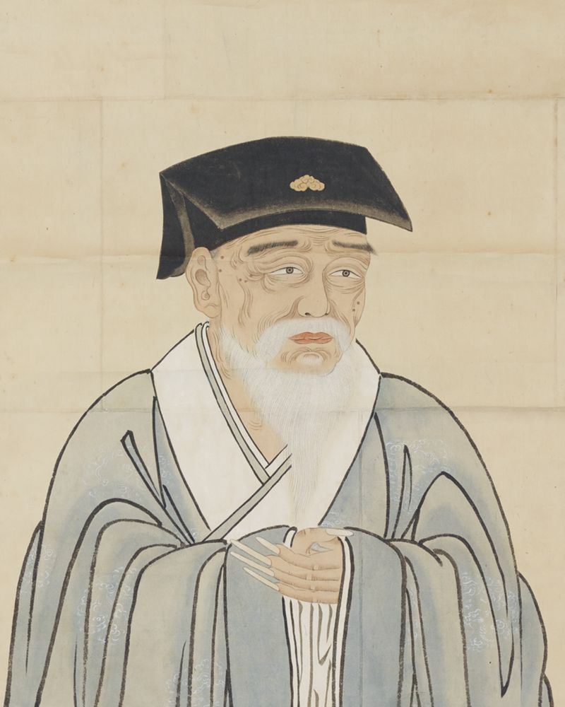 朱舜水戴方帽、蓄白鬚、雙手拱於身前的彩色畫像模本